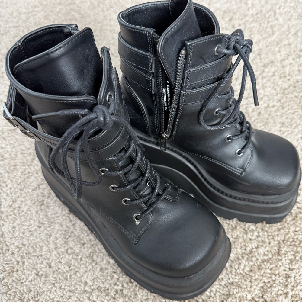 Demonia Black Platform Combat Boots - Picture 4 of 5